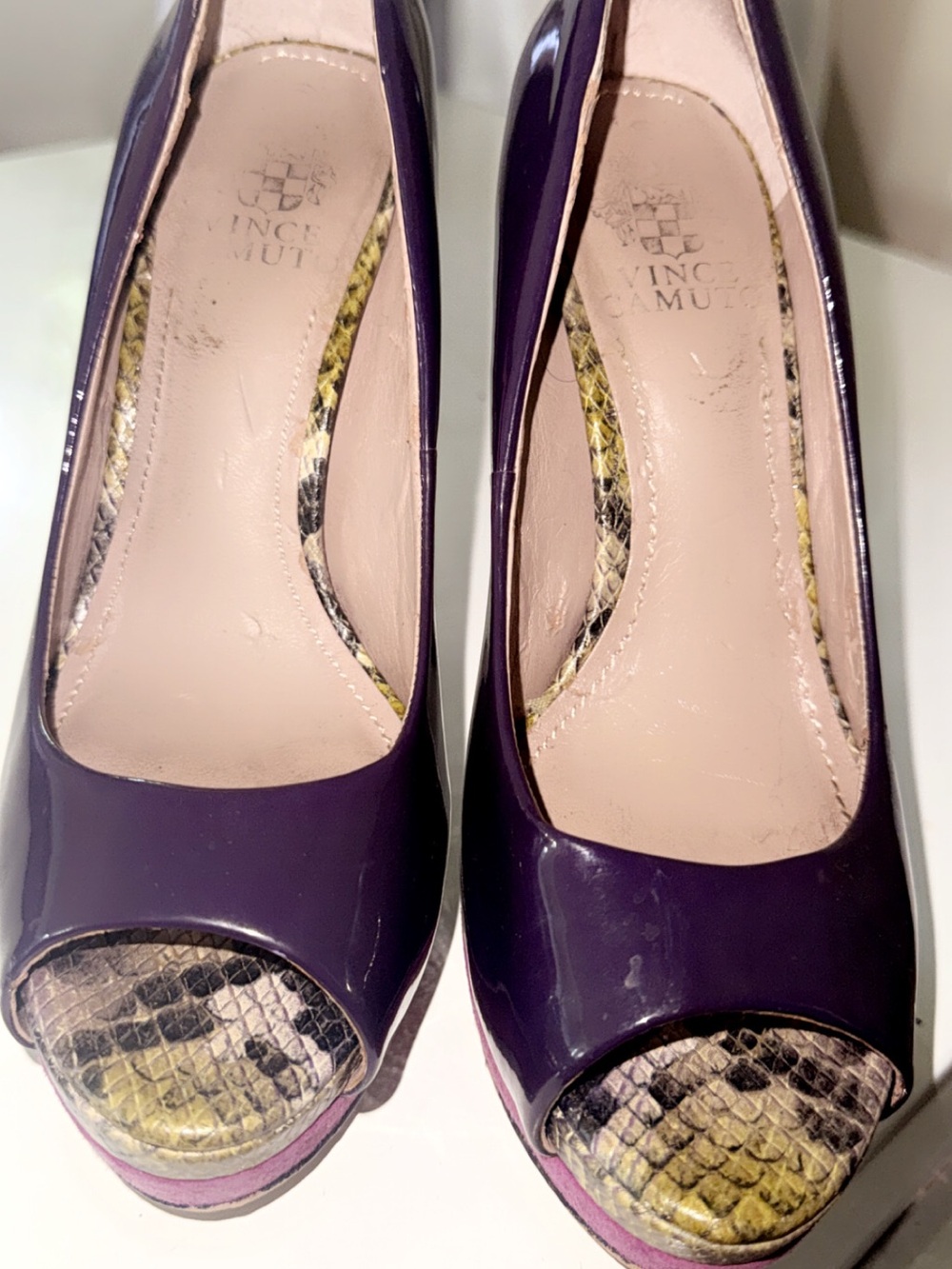 Vince Camuto Women’s Purple Patent Peep-Toe Pumps with Snakeskin Accent